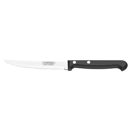 5-inch steak knife featuring a stainless steel serrated blade and durable black polypropylene handle with a polished finish