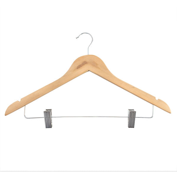 Dual Clip Wooden Hook Coat Hanger - Light Wood