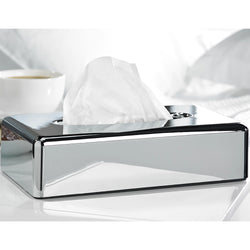 Chrome tissue box holder shown dispensing tissues from the top