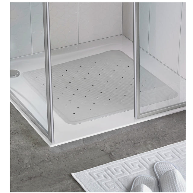 Square rubber shower mat shown in a shower cubicle