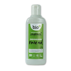 A plastic bottle with a white cap, labeled "Bio-D Dishwasher Rinse Aid" in bold letters, showcasing its 750ml capacity.