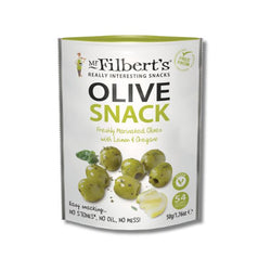 Close-up of a single 50g pack of Mr. Filbert's Lemon and Oregano Green Olives, showcasing the convenient, ready-to-eat packaging.